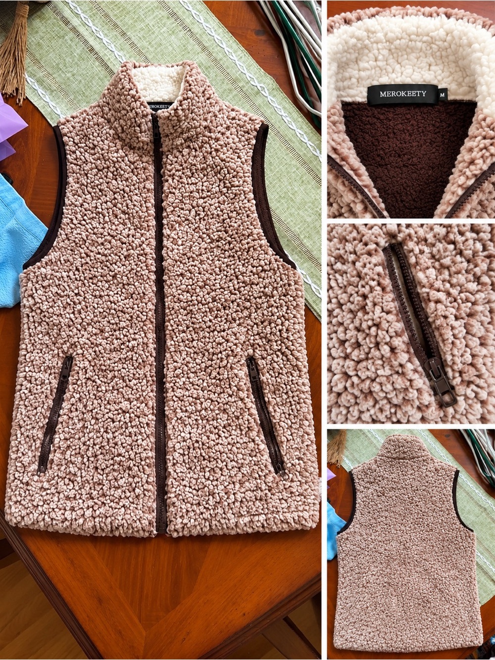 MEROKEBTY Women's Taupe Sherpa Zip-Up Vest